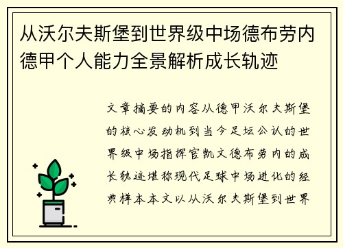 从沃尔夫斯堡到世界级中场德布劳内德甲个人能力全景解析成长轨迹 从沃尔夫斯堡到世界级中场德布劳内德甲个人能力全景解析成长轨迹