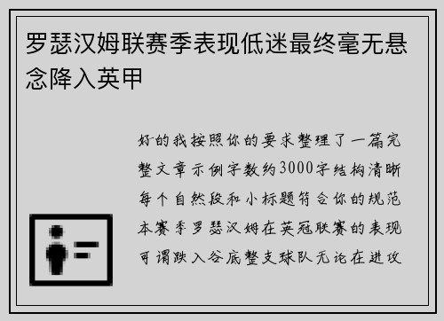 罗瑟汉姆联赛季表现低迷最终毫无悬念降入英甲
